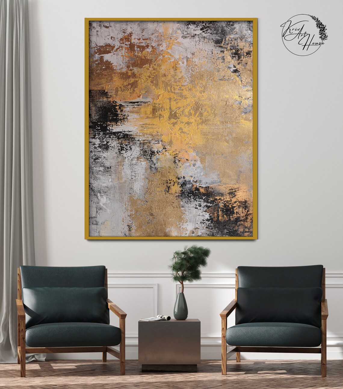 Abstract Painting, Gold and Grey Modern Art Print - Image 2