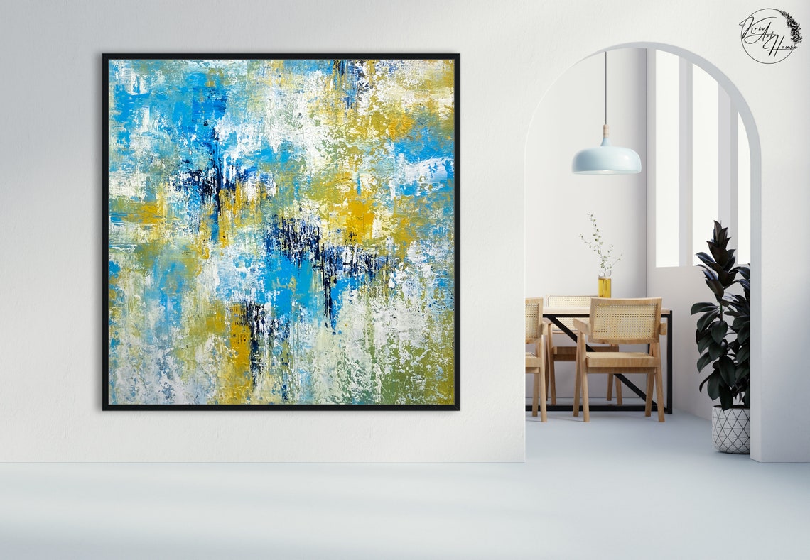 Blue and Yellow Vibrant Splatter Abstract Modern Wall Art Poster - Image 4