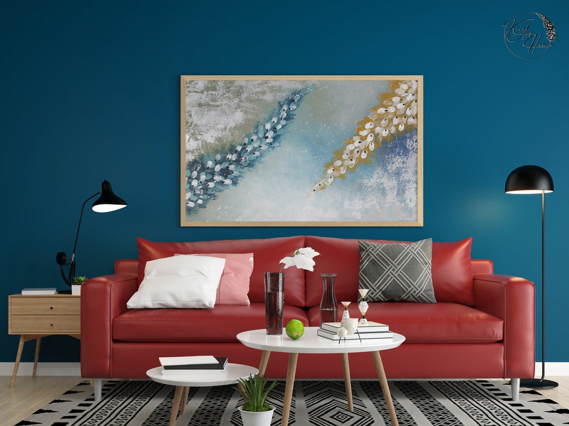 Teal Gold White Blossom Trails Abstract Floral Art Wall Poster - Image 2