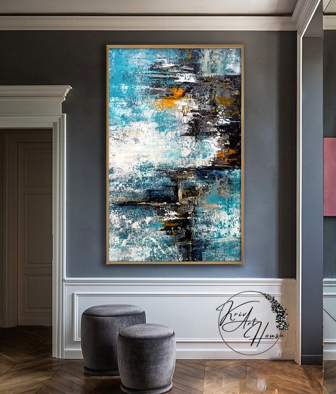 Teal Black White Orange Modern Textured Abstract Vertical Poster - Image 2