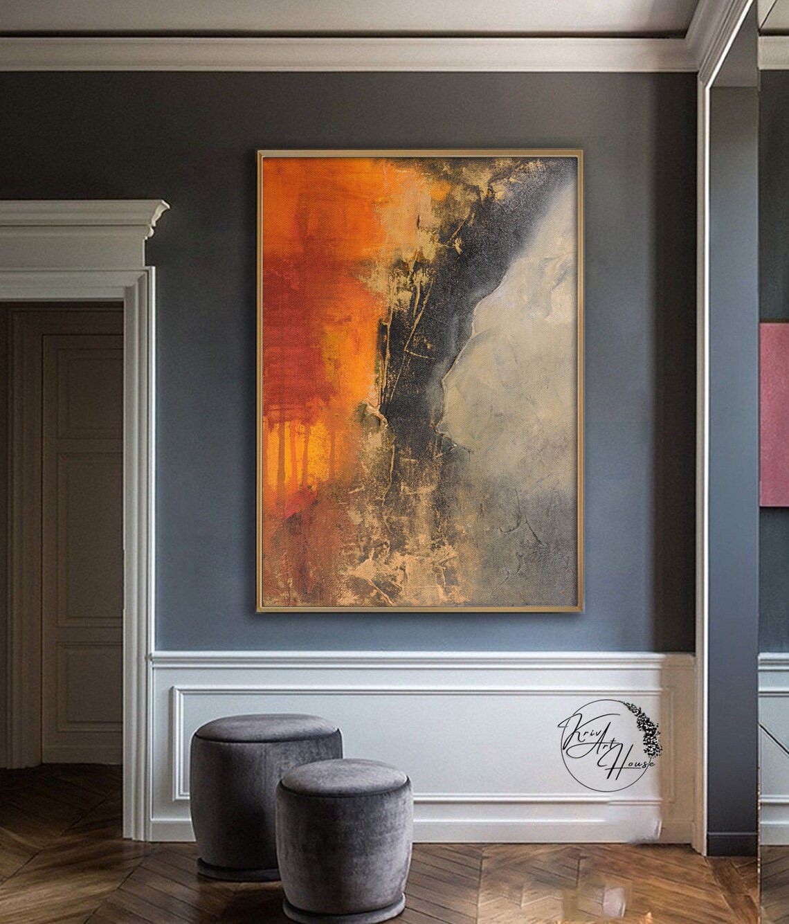 Orange and Black Abstract Acrylic Wall Art Print - Image 4