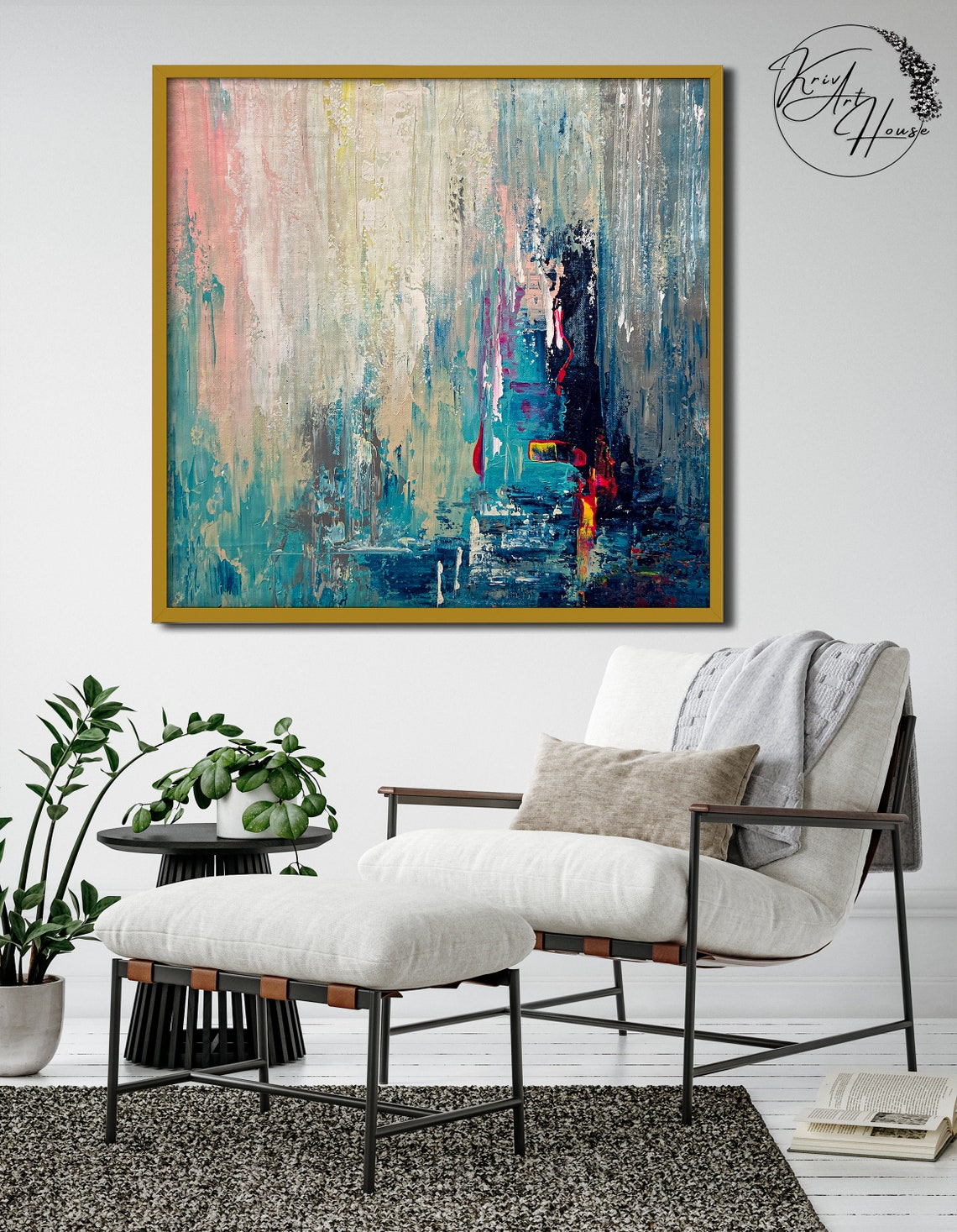 Teal Blue Waterfall Flow Abstract Painting Vertical Modern Wall Poster - Image 3