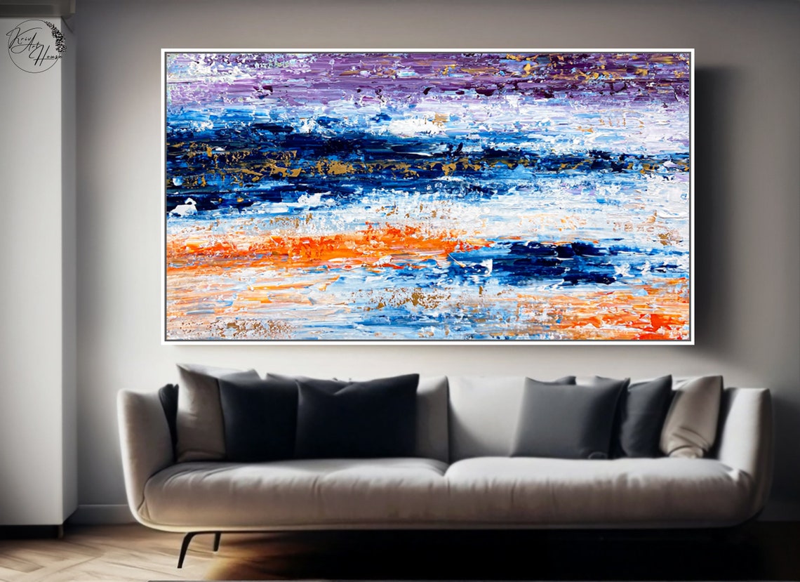 Bold Orange Navy Purple Abstract Palette Knife Textured Wall Art - Image 3