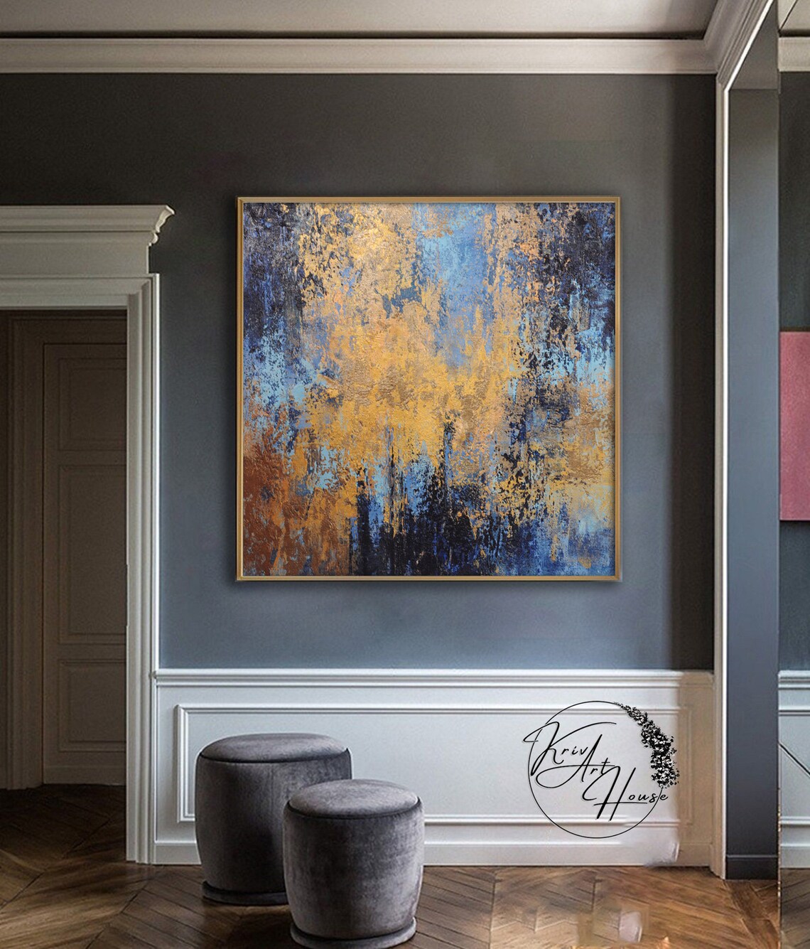 Abstract Painting in Blue and Gold, Office Art Print - Image 3
