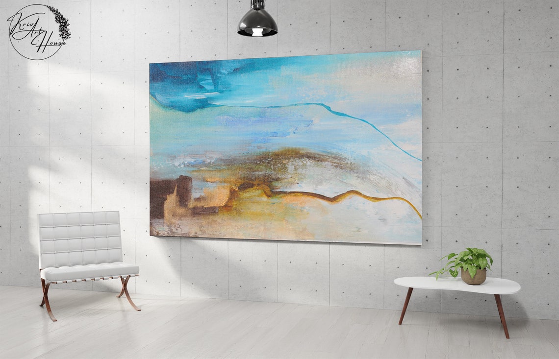 Teal Blue Gold Warm Abstract Flowing Wave Lines Art Wall Print - Image 3