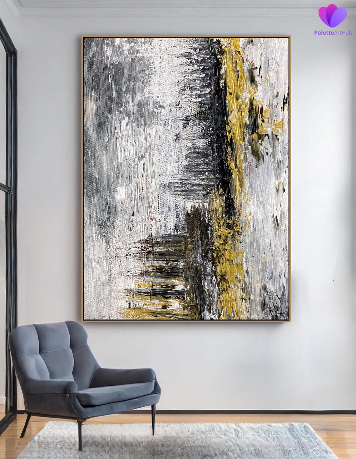 Black White Gold Abstract Winter Forest Mist Modern Wall Art - Image 2