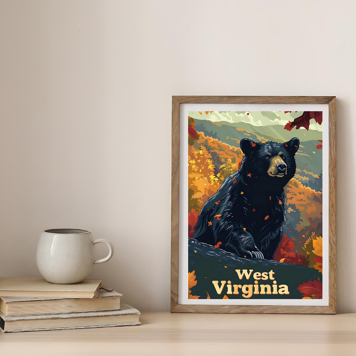West Virginia Black Bear Autumn Forest Vintage Travel Poster Art