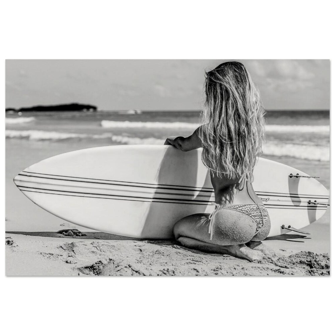 Surfer Girl With Surfboard Black And White Beach Lifestyle Photo Print