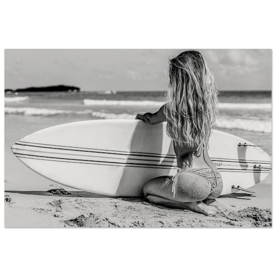 Surfer Girl With Surfboard Black And White Beach Lifestyle Photo Print