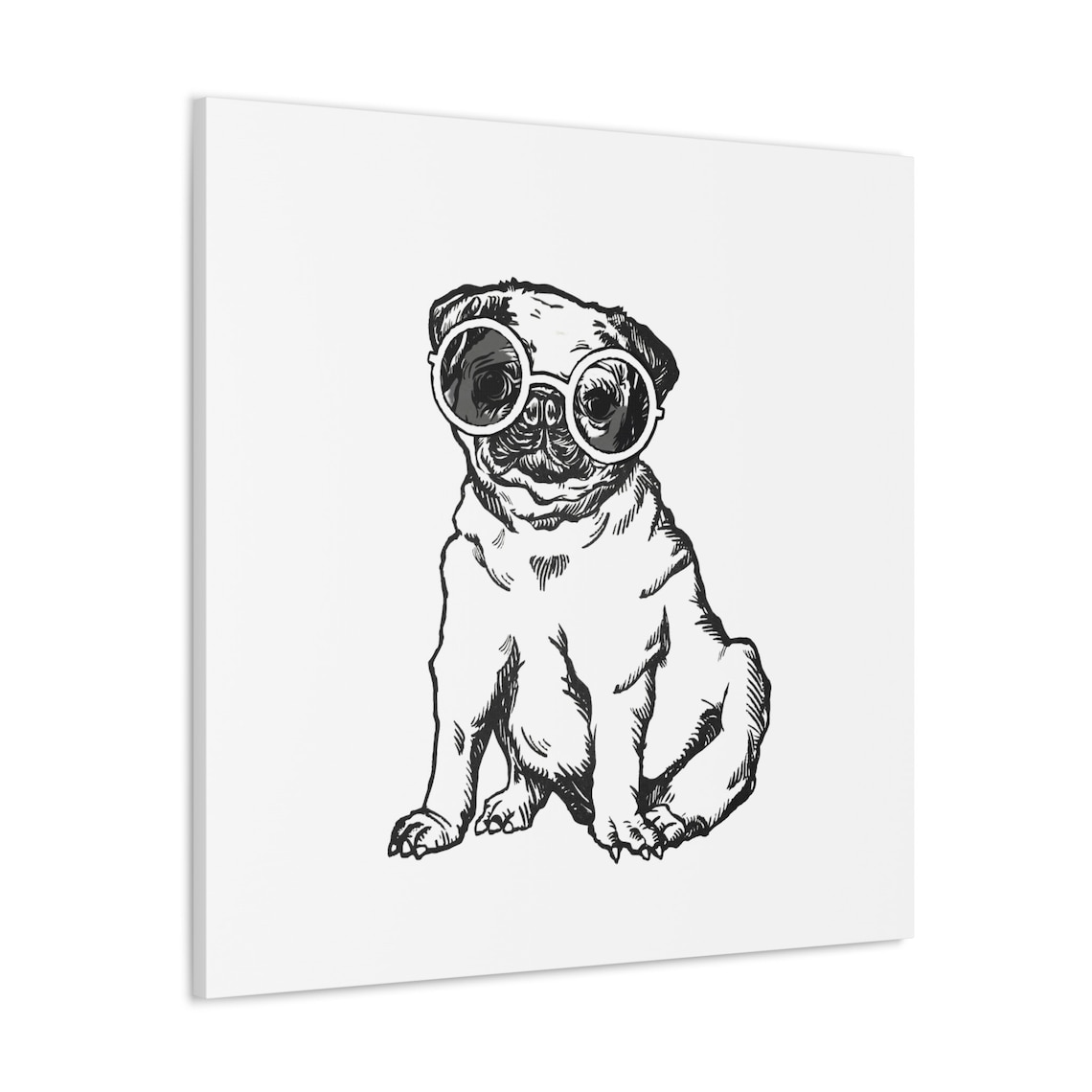 Pug Wearing Round Glasses Funny Black White Dog Line Art Poster