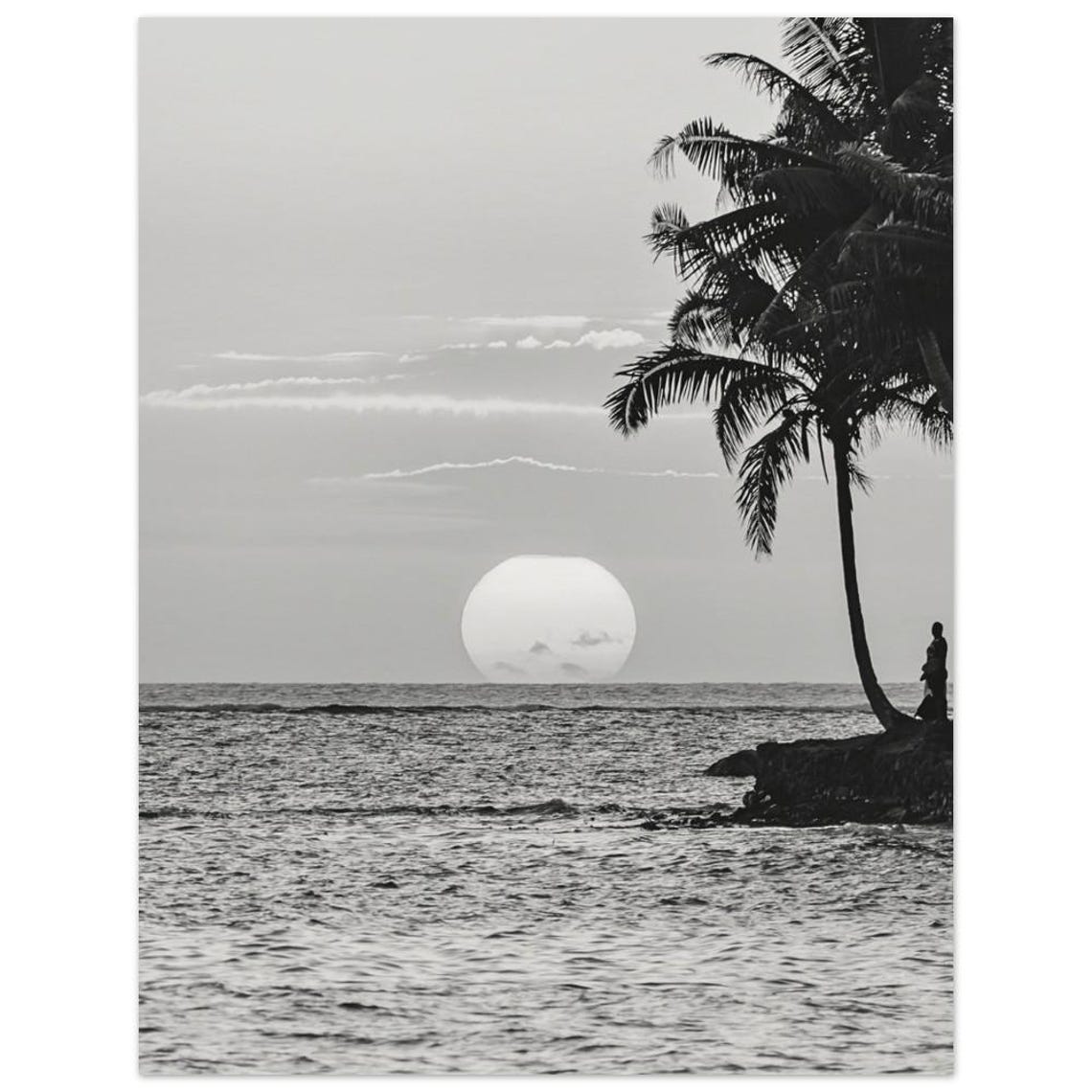 Black And White Ocean Sunset Palm Photography Poster Coastal
