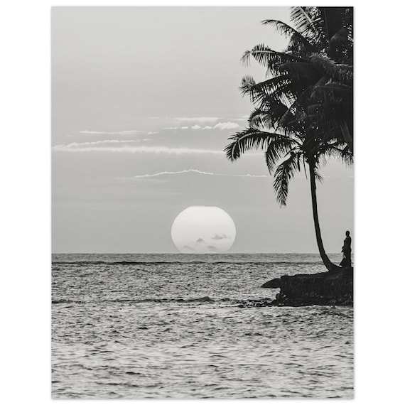Black And White Ocean Sunset Palm Photography Poster Coastal