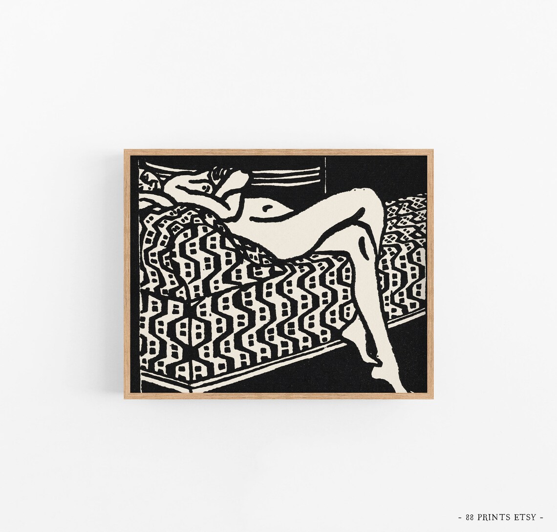 Reclining Nude Woman Black White Linocut Style Bold Art Print - Image 3