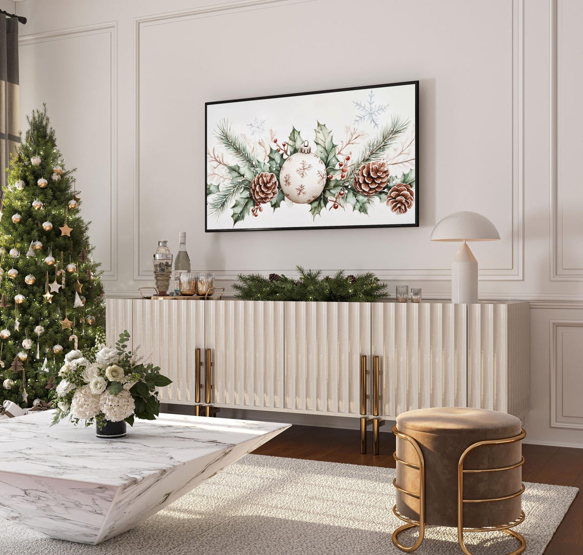 White Christmas Ornament Pinecones Watercolor Holiday Art Poster - Image 4