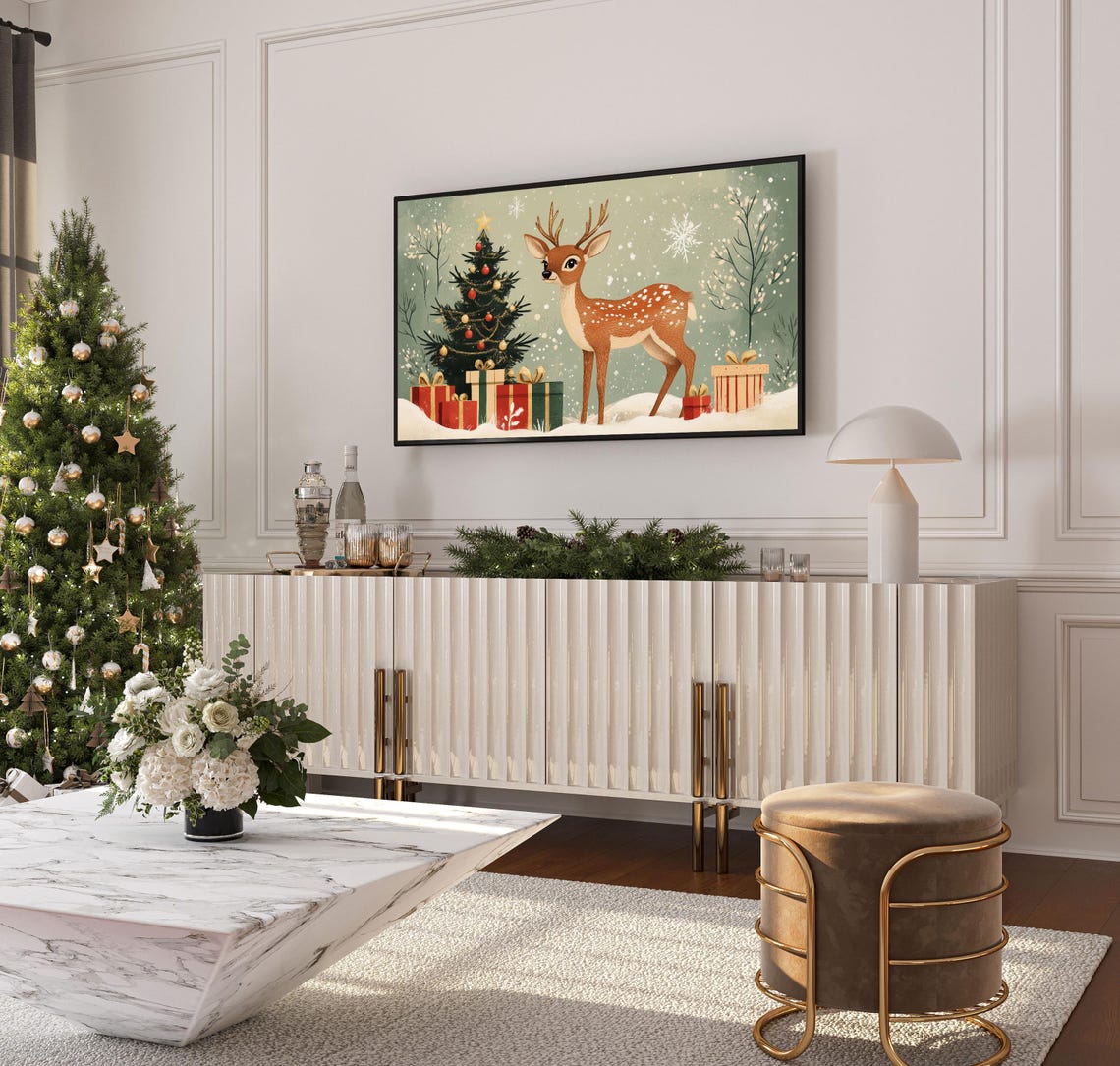Vintage Christmas Deer With Tree And Gifts Snowy Scene Art Poster - Image 4