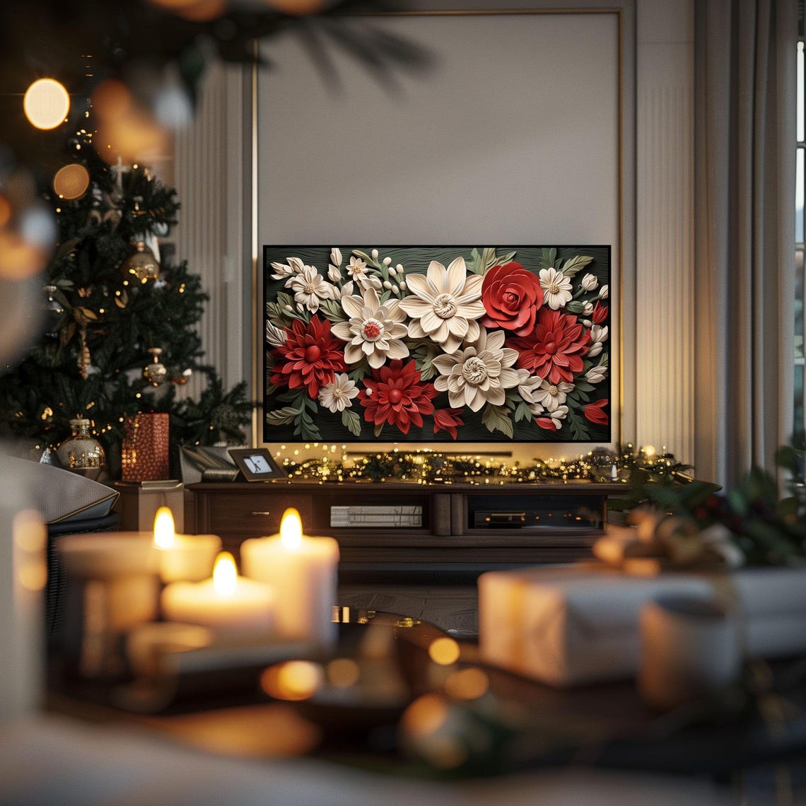 Red White Holiday Paper Flowers Winter Botanical Decor Poster - Image 3
