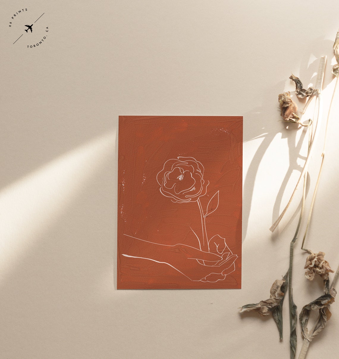 Terracotta Hand Holding Rose Flower White Line Drawing Wall Art - Image 2