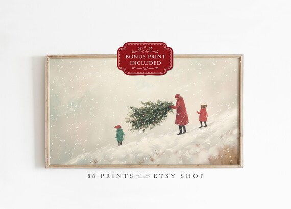 Family Bringing Home Christmas Tree Winter Snow Painting Poster