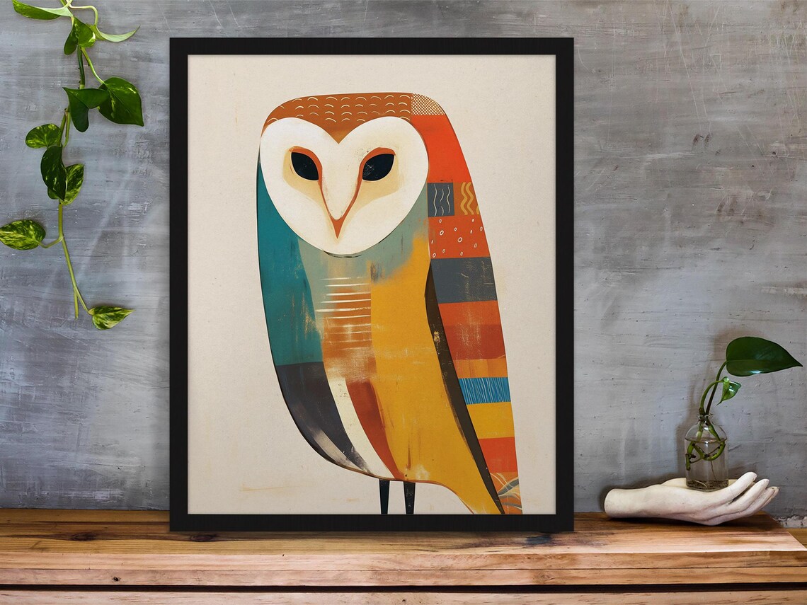 Mid-Century Geometric Barn Owl in Teal and Mustard Tones Poster - Image 5