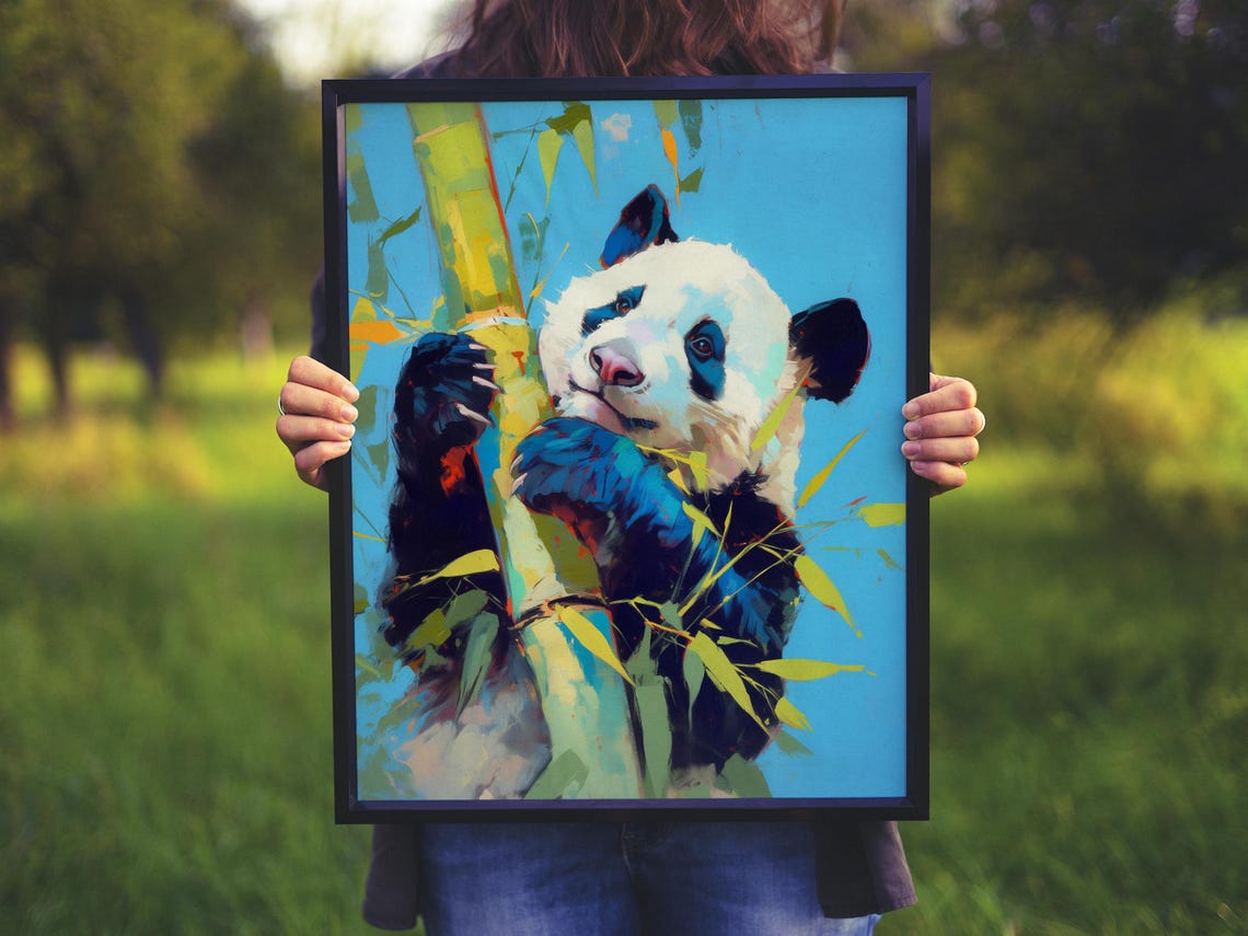 Colorful Giant Panda Hugging Bamboo Against a Bright Blue Sky Poster - Image 2