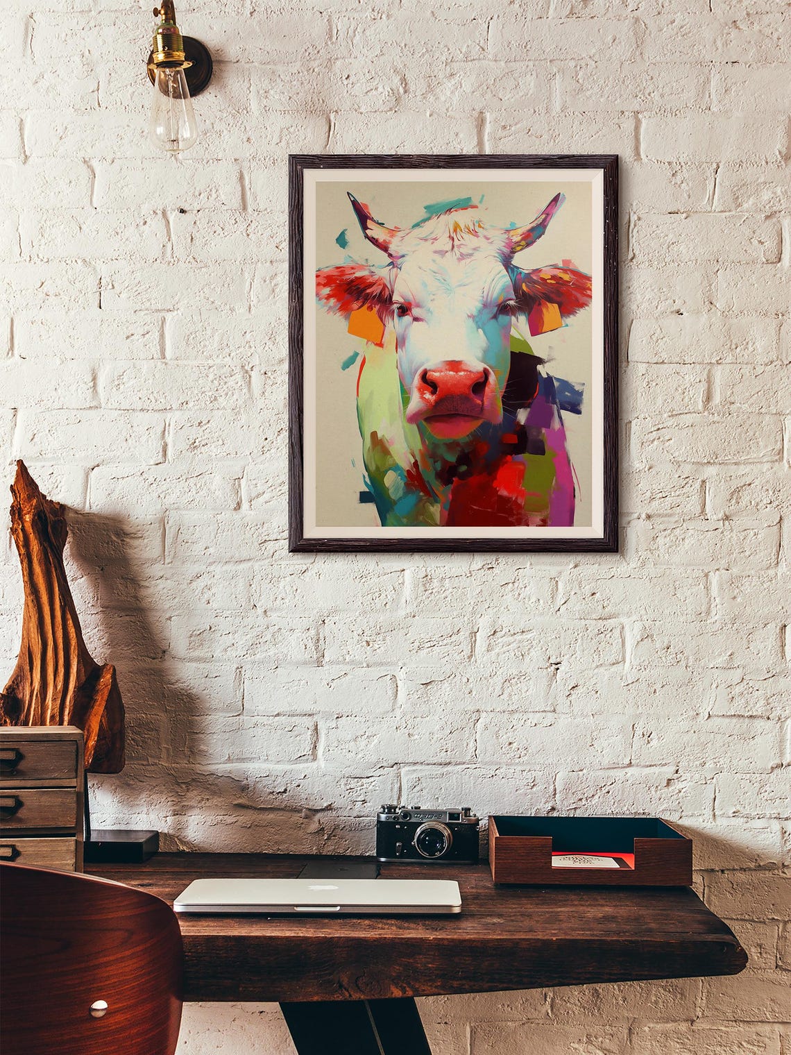 Vibrant Pop Art Cow Portrait in Teal, Red and Coral Hues Poster - Image 5