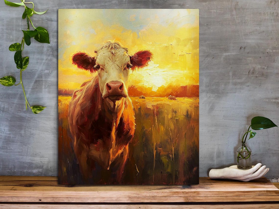 Impressionist Cow Portrait in a Sunlit Field at Golden Sunset Poster - Image 4