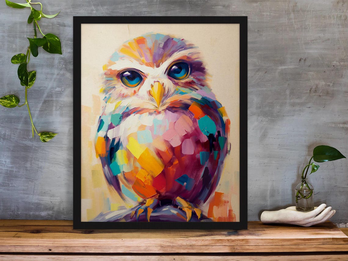 Colorful Mosaic Owl With Striking Blue Eyes on Cream Background Poster - Image 3