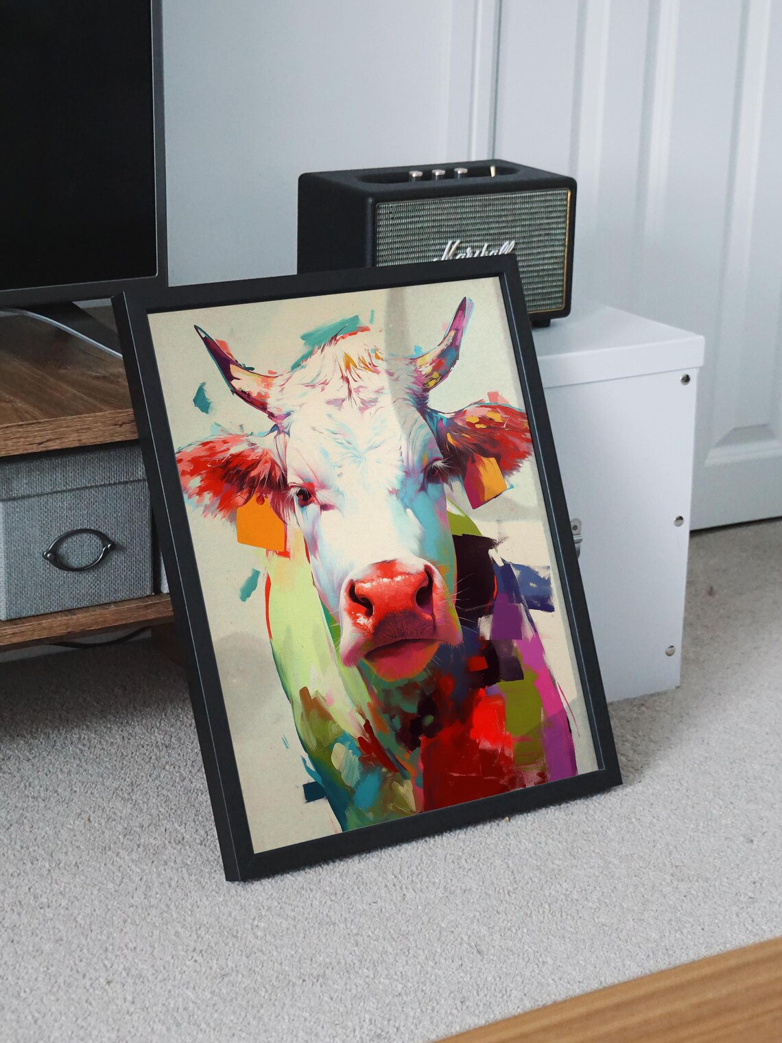 Vibrant Pop Art Cow Portrait in Teal, Red and Coral Hues Poster - Image 8