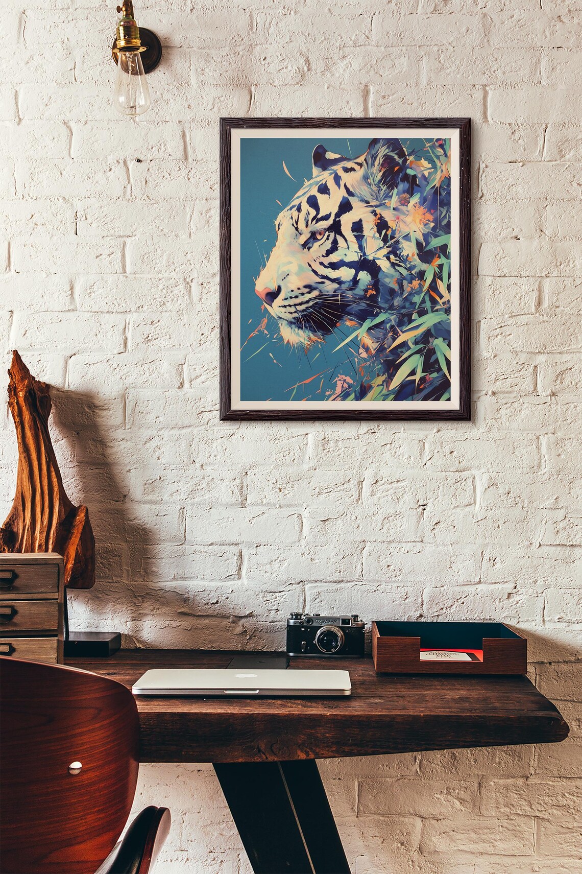 White Tiger Profile in Fragmented Abstract Style With Teal Leaves Poster - Image 5