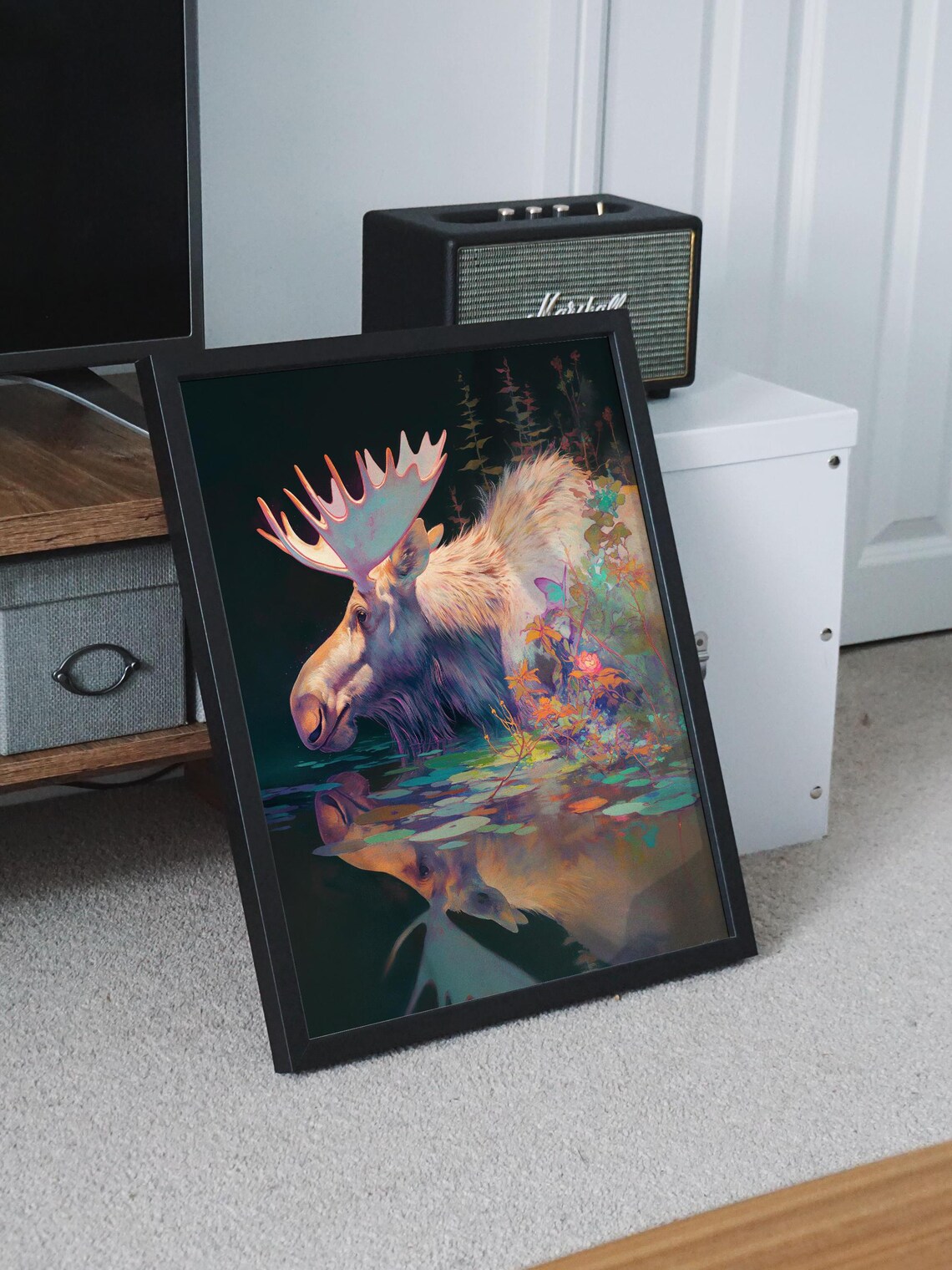 Moose Bull Drinking at Dark Water With Mirror Reflection Painting Poster - Image 8