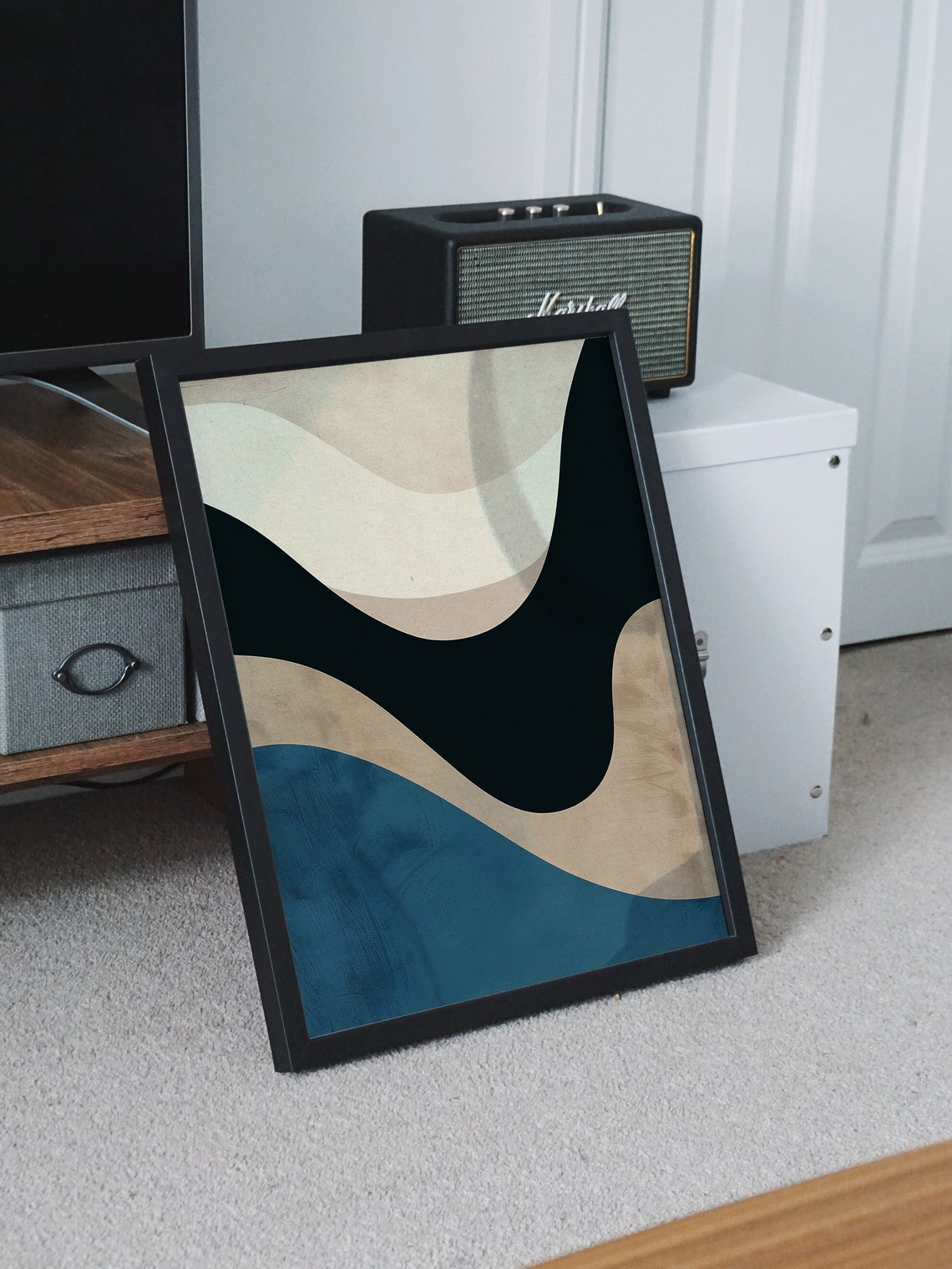 Cream Navy Teal Wavy Bands Minimalist Abstract Art Style Poster - Image 8
