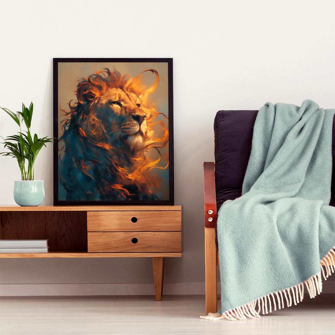 Regal Lion Profile with a Fiery Mane in Teal and Amber Poster - Image 6