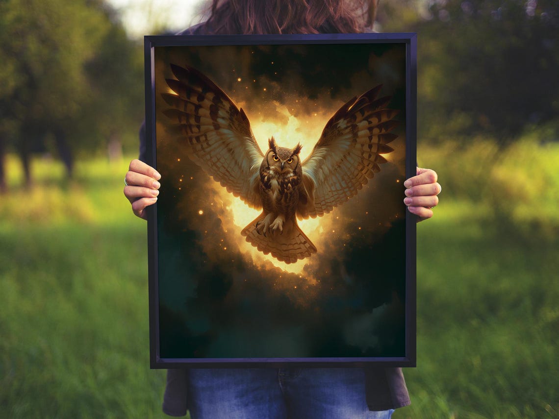 Majestic Great Horned Owl Soaring Through a Fiery Night Sky Poster - Image 5