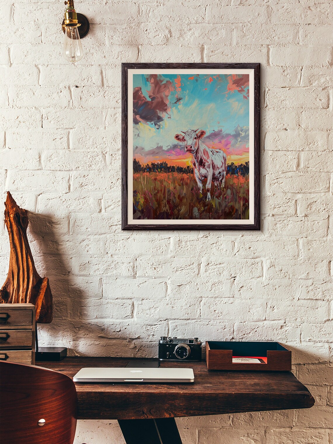 White Cow in Field at Sunset Impasto Oil Painting Farm Poster - Image 2