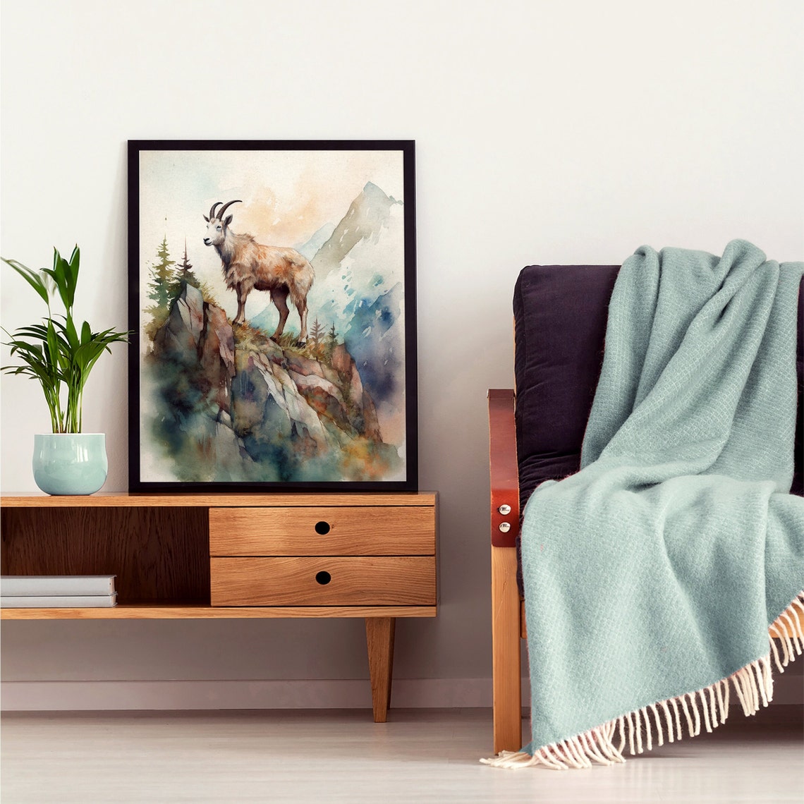 Mountain Goat on Rocky Cliff Watercolor Alpine Wildlife Poster - Image 5
