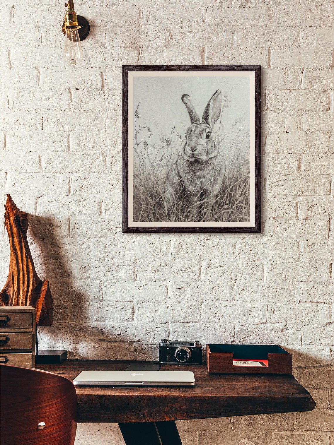 Alert Hare in Tall Grass Detailed Graphite Drawing Art Poster - Image 3