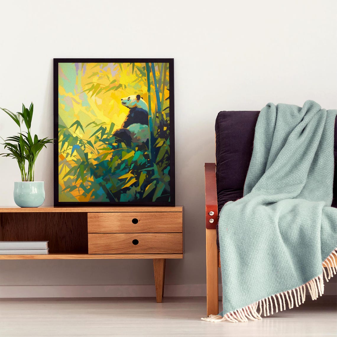 Giant Panda Sitting in a Golden Sunlit Bamboo Forest Painting Poster - Image 7