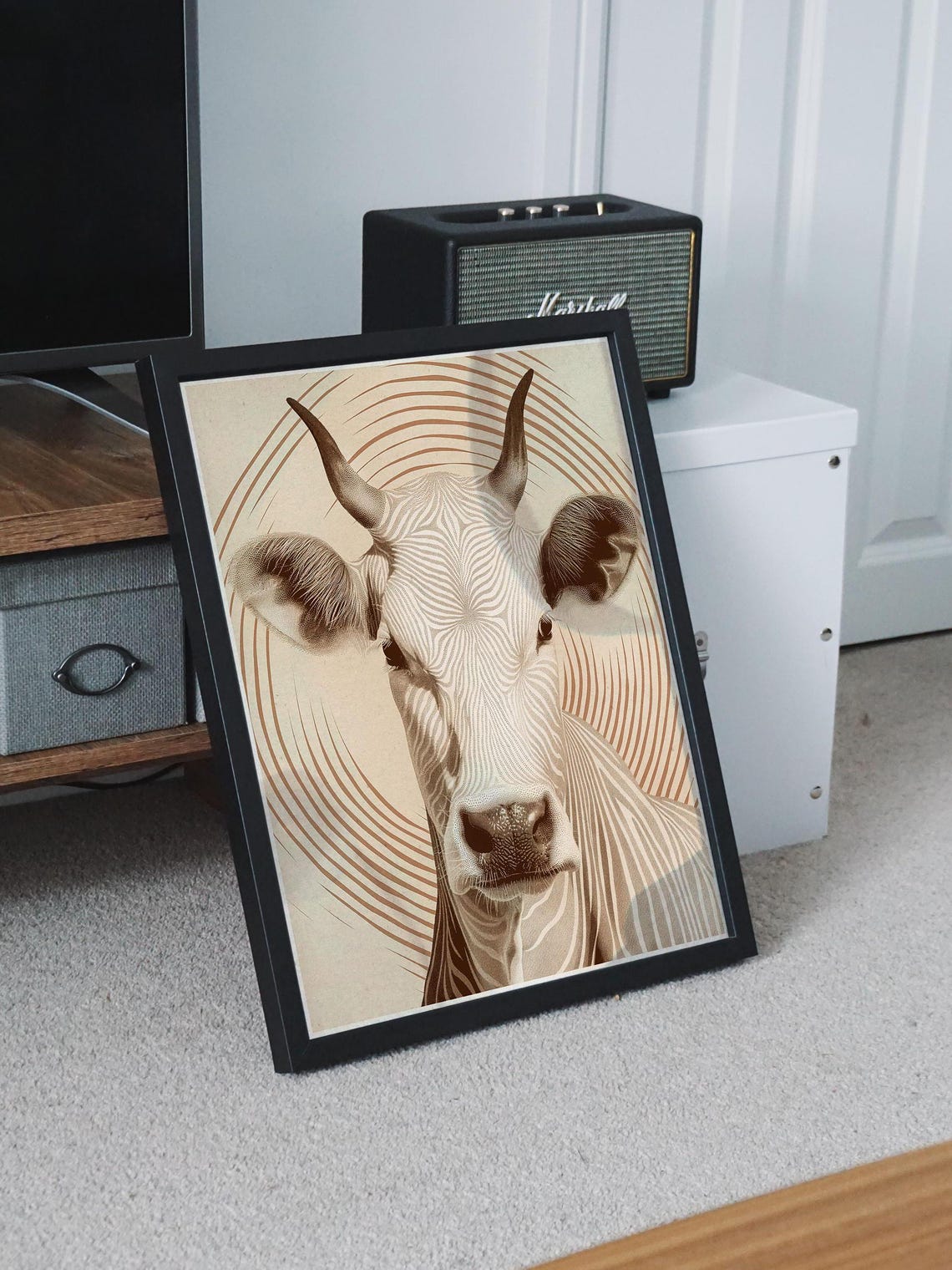 Minimalist Line Art Cow with Spiral Arcs in Sepia Tones Poster - Image 8