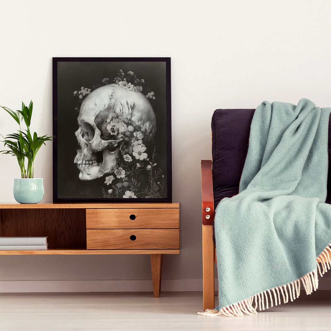 Black and White Floral Skull Profile Gothic Botanical Poster - Image 7