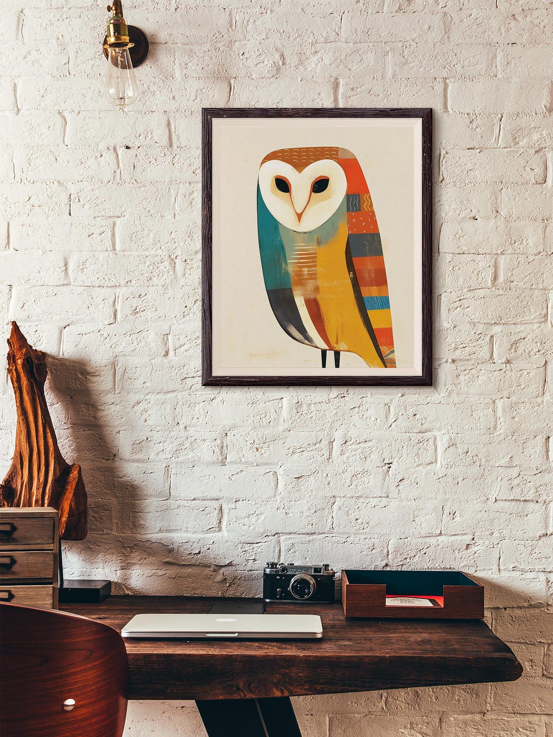 Mid-Century Geometric Barn Owl in Teal and Mustard Tones Poster - Image 4