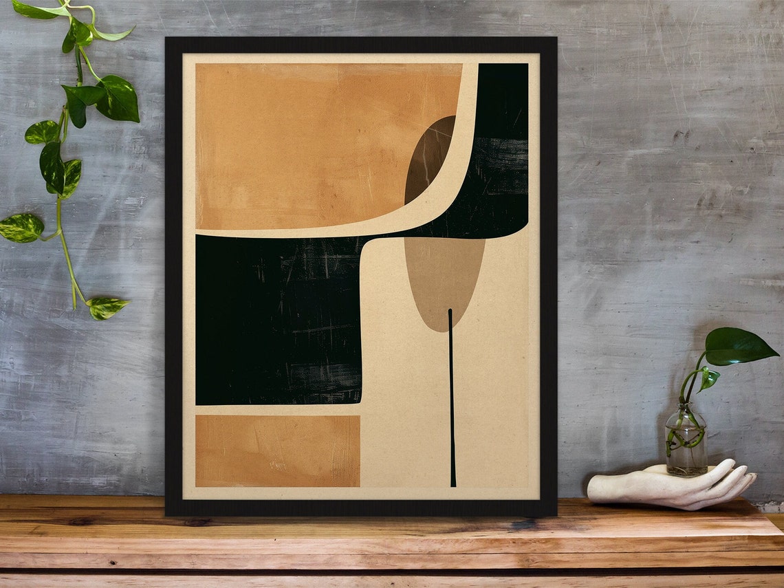 Tan and Dark Teal Organic Shapes Mid Century Modern Art Poster - Image 4
