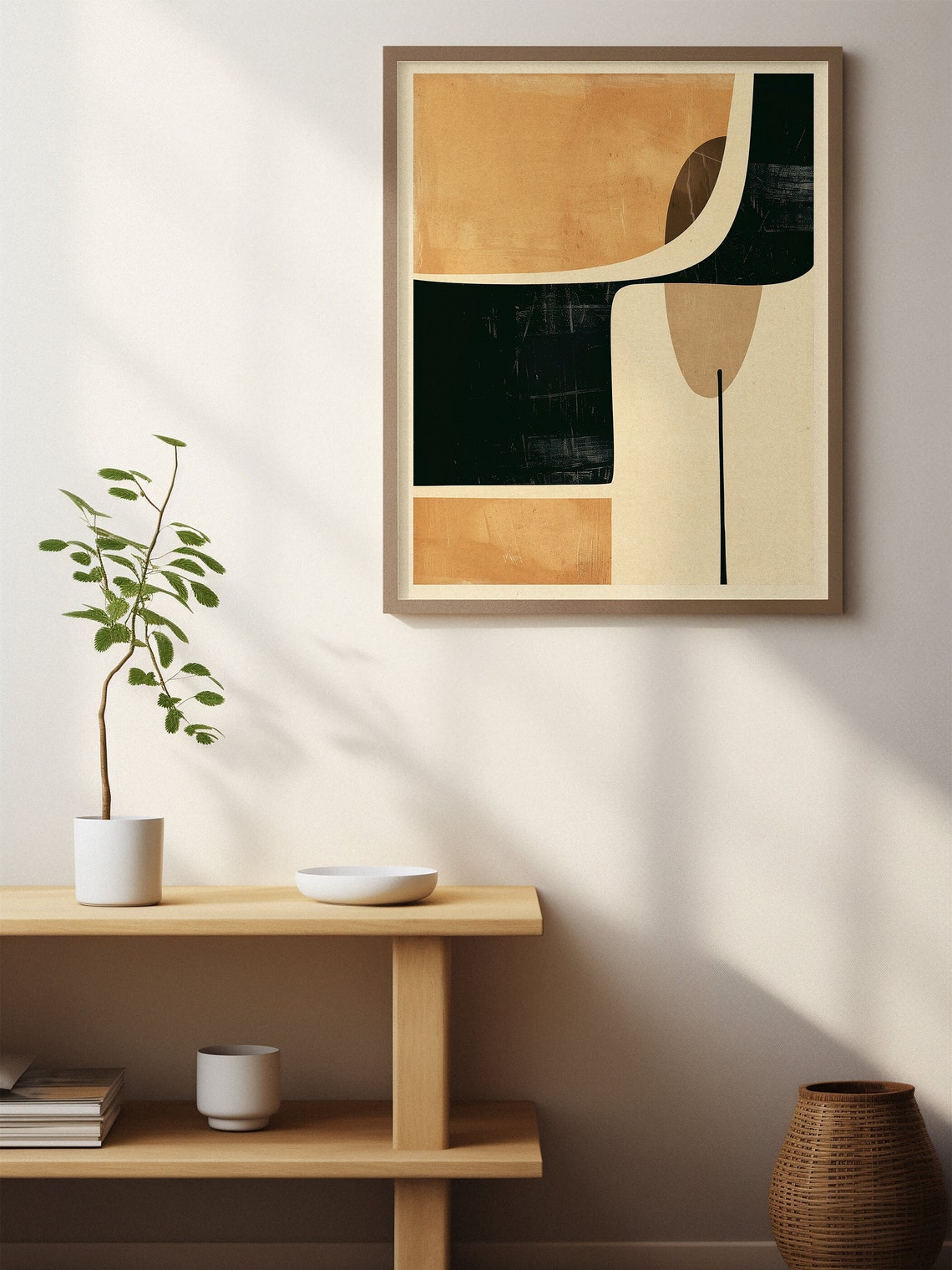 Minimalist Tan and Deep Teal Abstract Mid Century Art Poster - Image 2