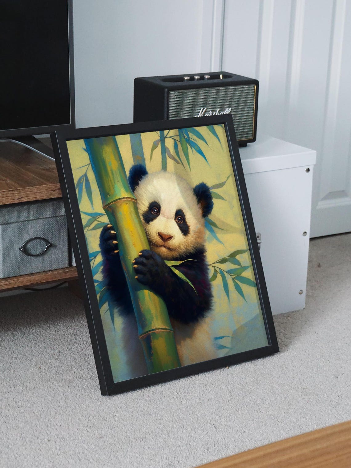Baby Panda Peeking From Behind Bamboo in Warm Golden Light Art Poster - Image 8
