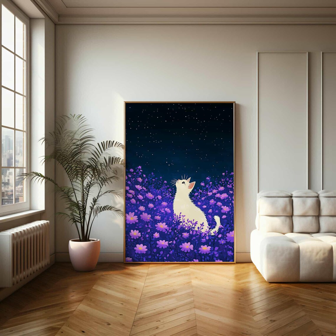 Whimsical Cat and Stars Poster, Floral Art Print - Image 2