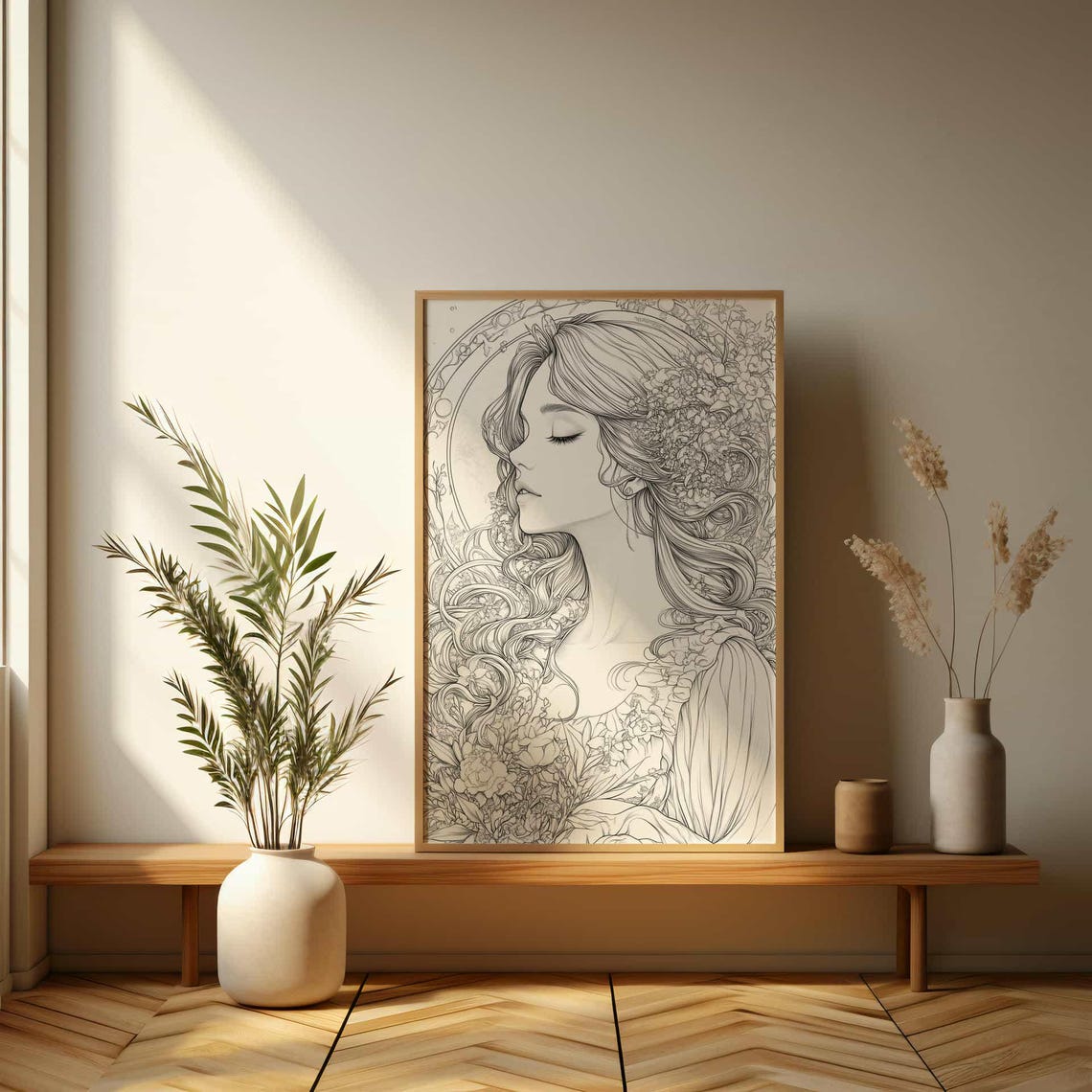 Art Nouveau Line Art Woman Profile With Flowing Floral Hair Poster - Image 3