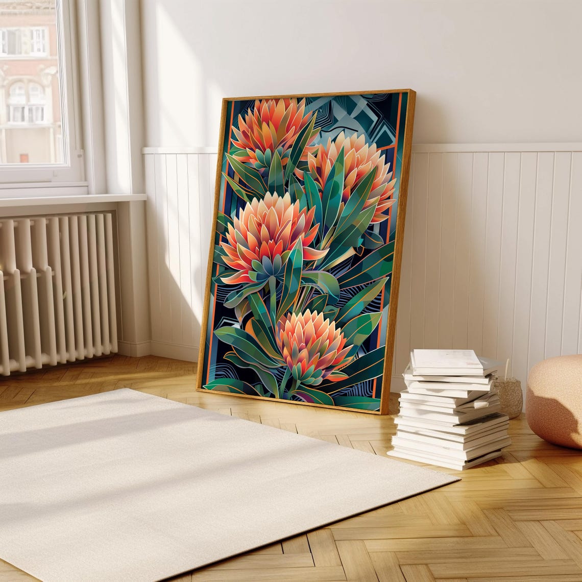 Glowing Orange King Protea Art Deco Dark Geometric Floral Poster - Image 5