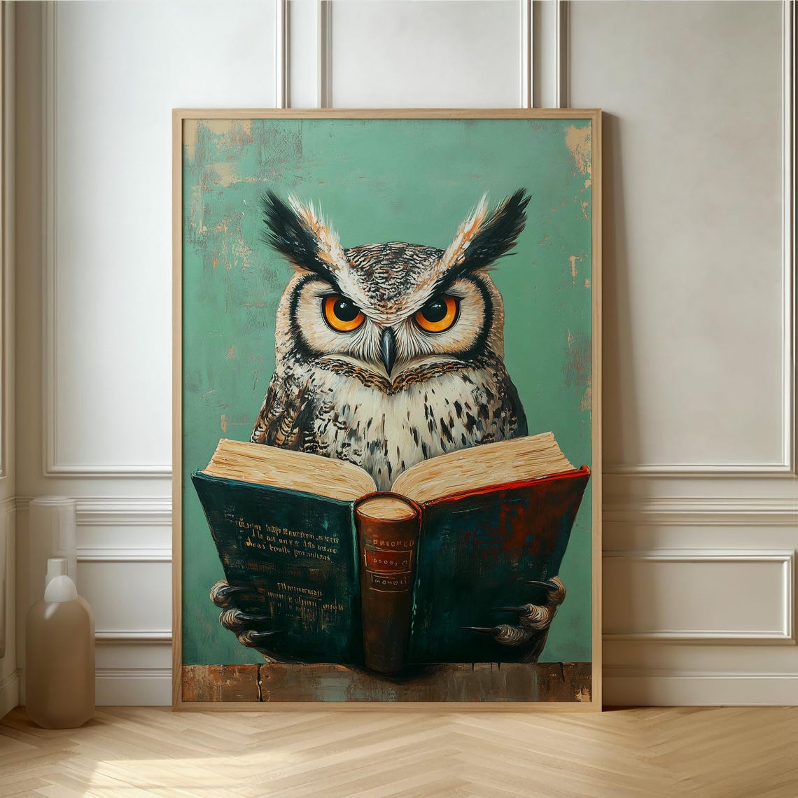 Wise Owl Reading An Open Book Quirky Forest Animal Portrait Poster