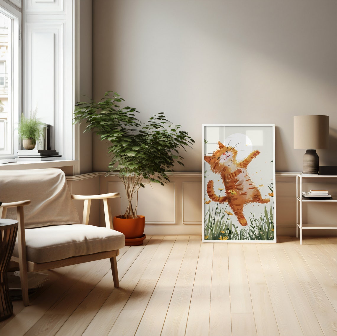 Joyful Ginger Cat Dancing in a Sunny Flower Meadow Art Poster - Image 4