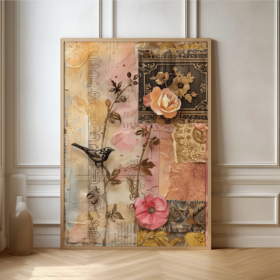 Vintage Bird And Roses Paper Ephemera Shabby Collage Art Poster