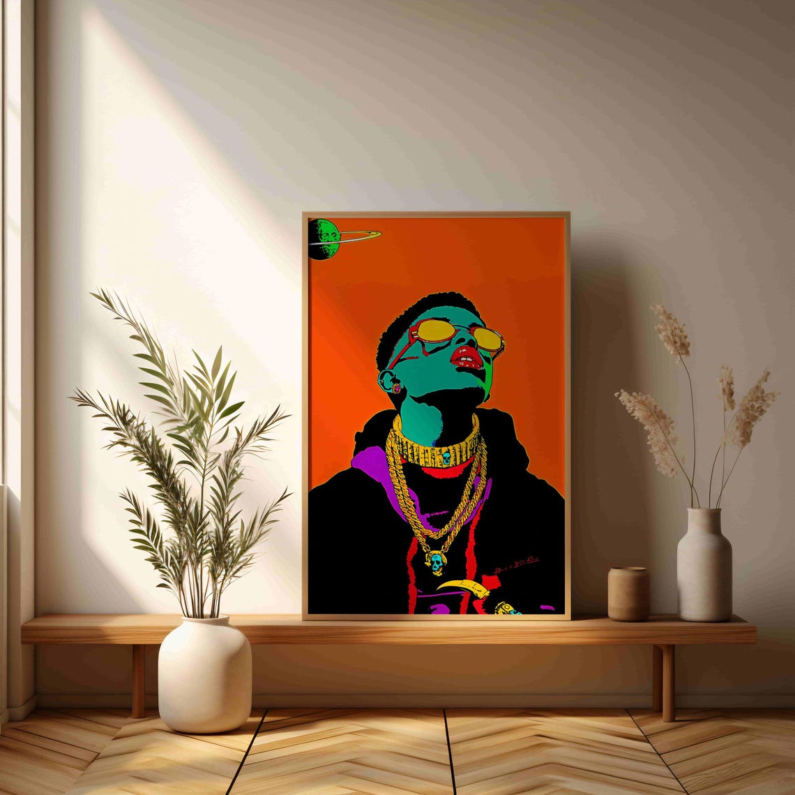 Pop Art Portrait Man With Gold Chains Orange Background Art Print - Image 3